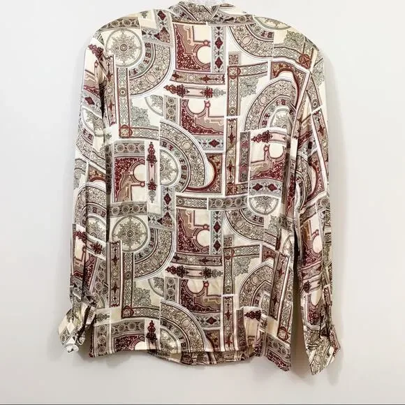 Vintage Liz Claiborne Silk Tan/Brown Wood Frame Pattern Blouse/Blazer - Picture 4 of 7